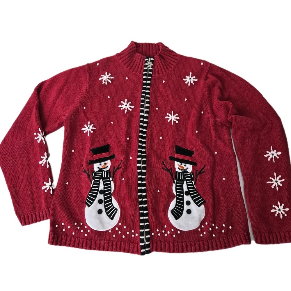 Mandal Bay Holiday‎ Snowman Women's Cardigan Size Small Red White Snowflake